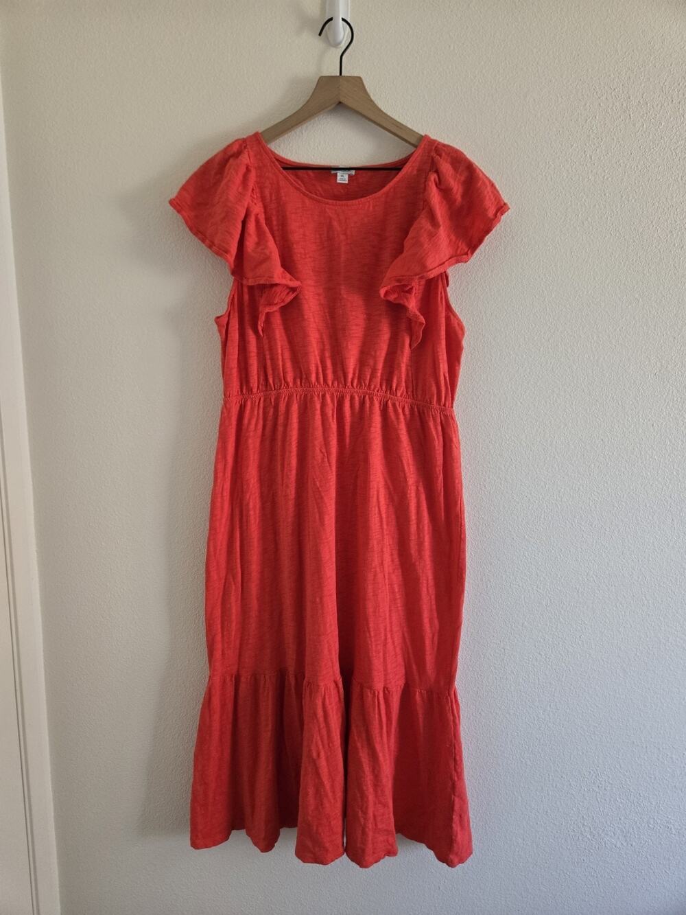 J Crew XL Tiered Maxi Dress Coral Flutter Sleeve Boho Euro Summer Coastal Resort